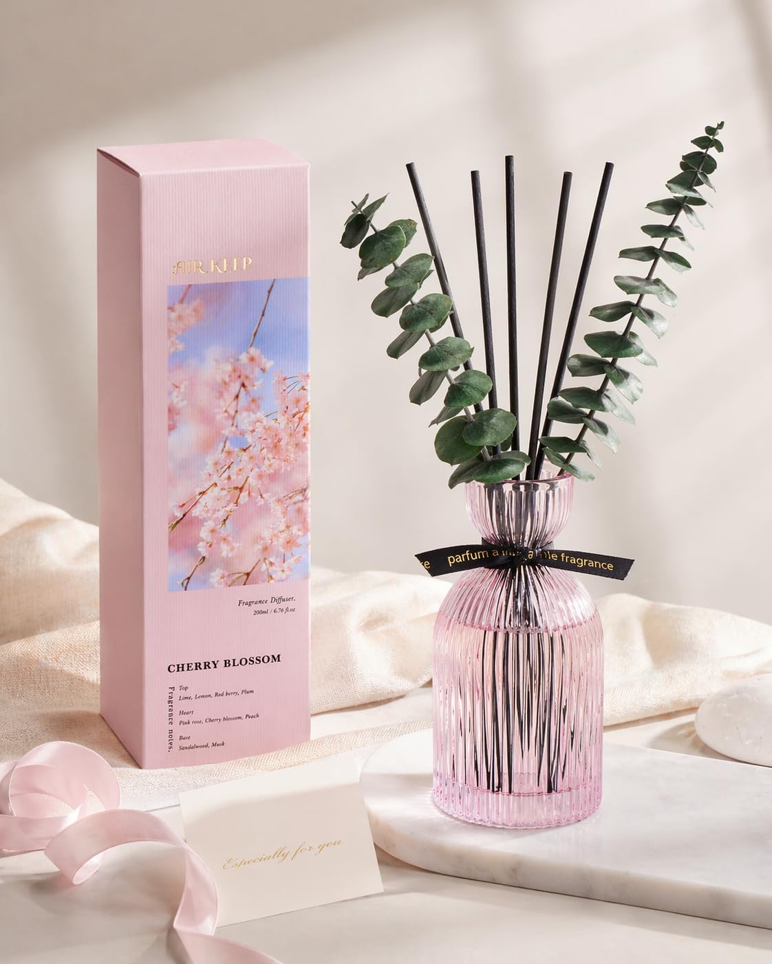 Airkeep Reed Diffuser Set 6.76 oz – Cherry Blossom Home Fragrance with Eucalyptus Sticks – Decorative Glass Bottle for Bathroom, Bedroom & Living Room Décor – Gift Ready