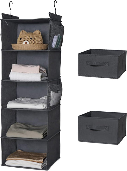 MAX Houser 4-Shelf Hanging Closet Organizer, Space Saver, Cloth Hanging Shelves with 2 Side Pockets, Foldable (Beige)