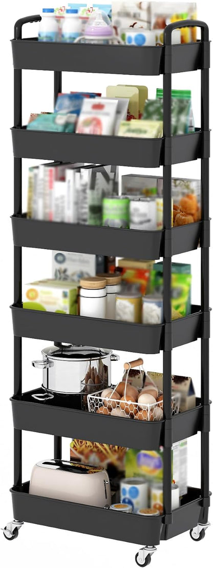 Sywhitta 4-Tier Plastic Rolling Utility Cart with Handle, Multi-Functional Storage Trolley for Office, Living Room, Kitchen, Movable Storage Organizer with Wheels, Black