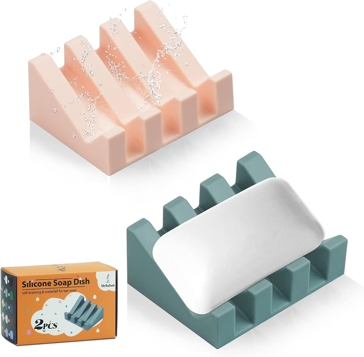 Self Draining Silicone Soap Dish Holder Waterfall Tray, 2 Pack Black | Waterfall design drains fast to keep soap dry, non-slip silicone base anti slide, soap saver for bathroom & kitchen