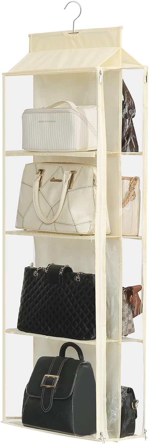 8 Grids in 1 Pack Hanging Purse Handbag Organizer with Double Zippers, Visible Purse Organizer for Closet, Fully Enclosed Purse Storage Holder-Black