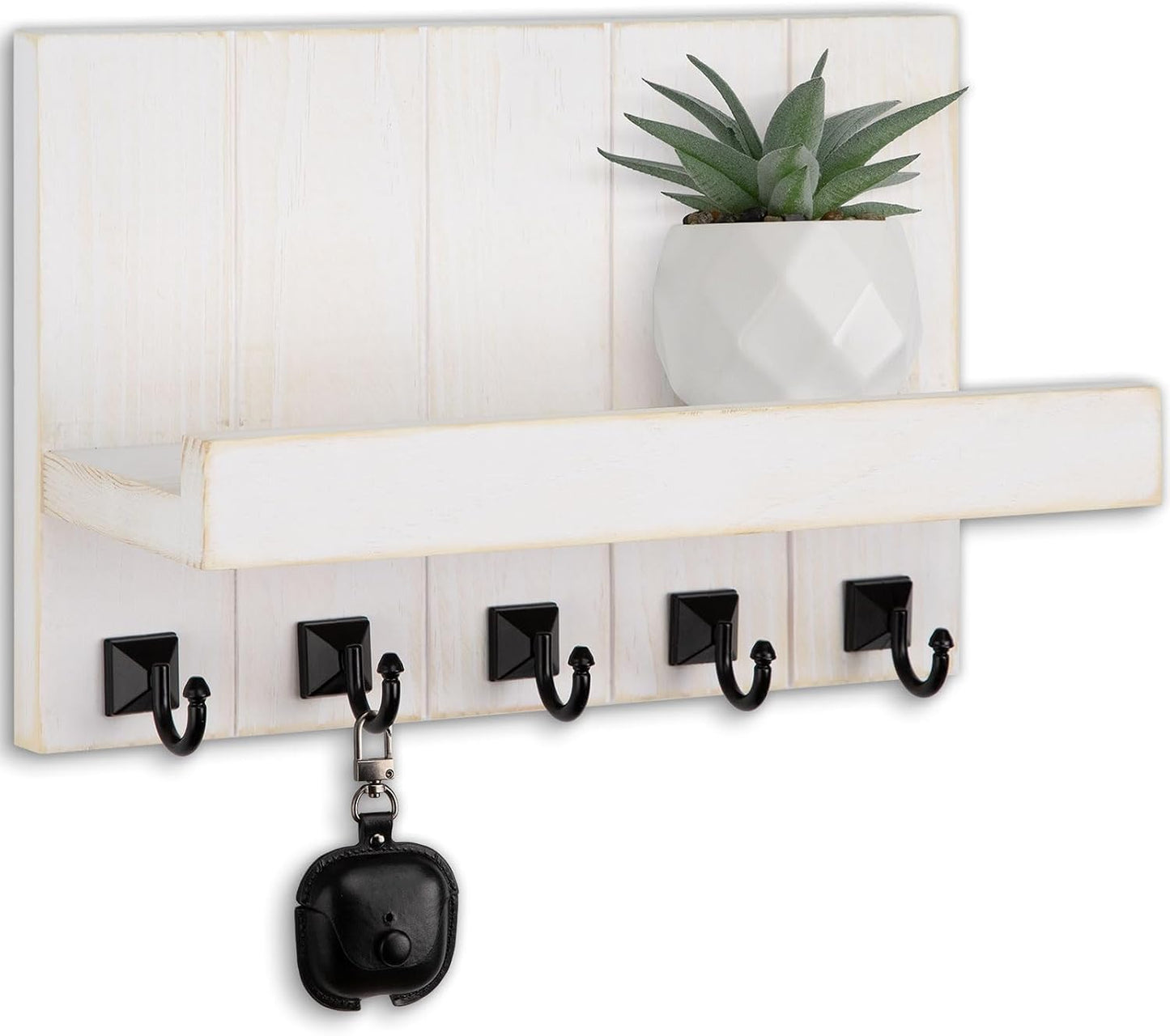 Key Holder for Wall, Decorative Key Holder with Shelf, Key and Mail Holder Wall Mount, Farmhouse Decor with 5 Key Hooks for Keys, Coats, ect.