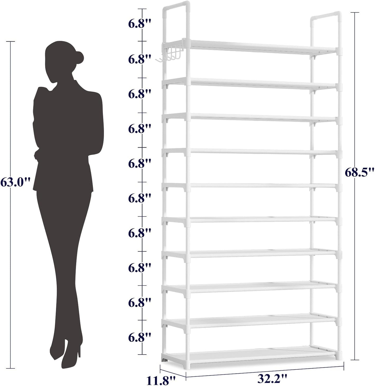 Kitsure Shoe Rack for Closet - 10-Tier Shoe Organizer with Hook Rack, Large-Capacity & Space-Saving Shoe Shelf for Entryway, Bedroom, Living Room,32.2" x 11.8" x 68.5", Black