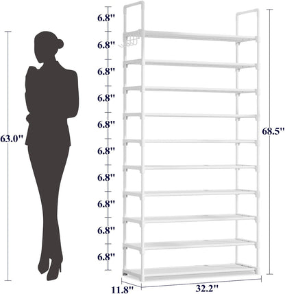 Kitsure Shoe Rack for Closet - 10-Tier Shoe Organizer with Hook Rack, Large-Capacity & Space-Saving Shoe Shelf for Entryway, Bedroom, Living Room,32.2" x 11.8" x 68.5", Black