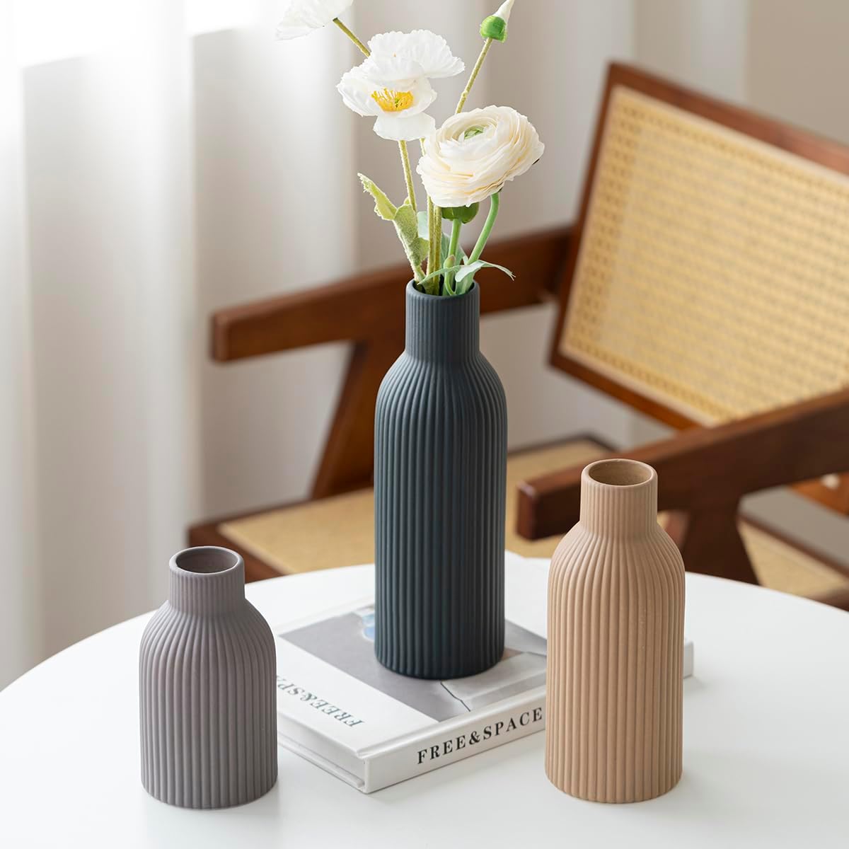 Modern Ceramic Vases Set of 3, Coffee Table Ribbed Decorative Vases, Shelf Table Centerpiece for Home Decor (Coffee Mix)