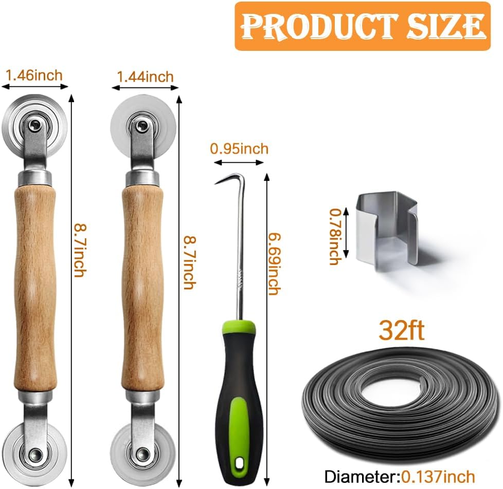 Screen Repair kit, Screen Roller Tool, Steel Roller with Bear+32ft Screen Spline+Removal Hook, 3 in 1 Window Screen Door Repair Kit,for Installing Door Window Mesh