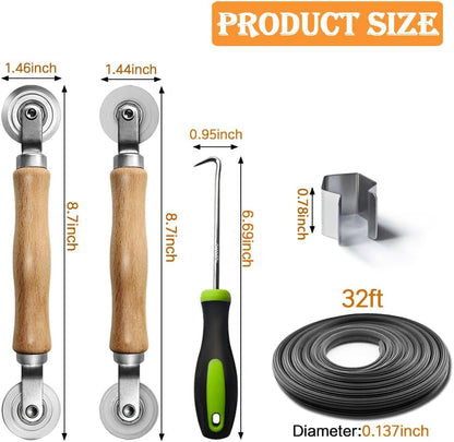 Screen Repair kit, Screen Roller Tool, Steel Roller with Bear+32ft Screen Spline+Removal Hook, 3 in 1 Window Screen Door Repair Kit,for Installing Door Window Mesh