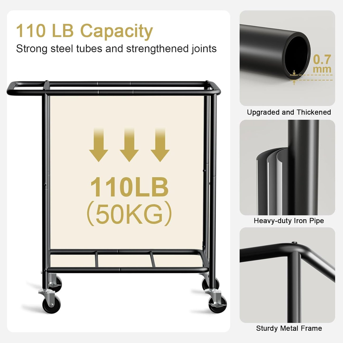 Double Laundry Hamper with Wheels,200L Rolling Laundry Basket 2 Section with Lid,Steel Frame Laundry Cart with Handle and Removable Bags,Dirty Clothes Hamper for Laundry Room,Dorm,Black