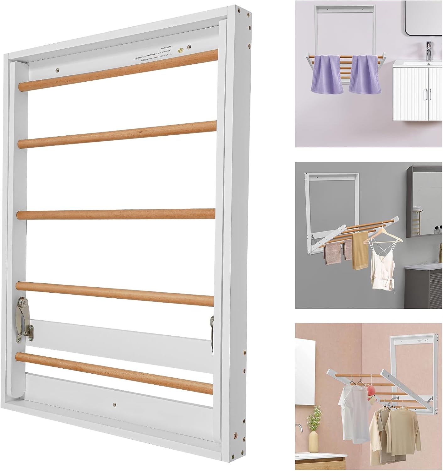 Clothes Drying Rack for Laundry Foldable Wooden Wall Mounted Clothing Dryer Rack for Home Laundry Room Bathroom Indoor Use