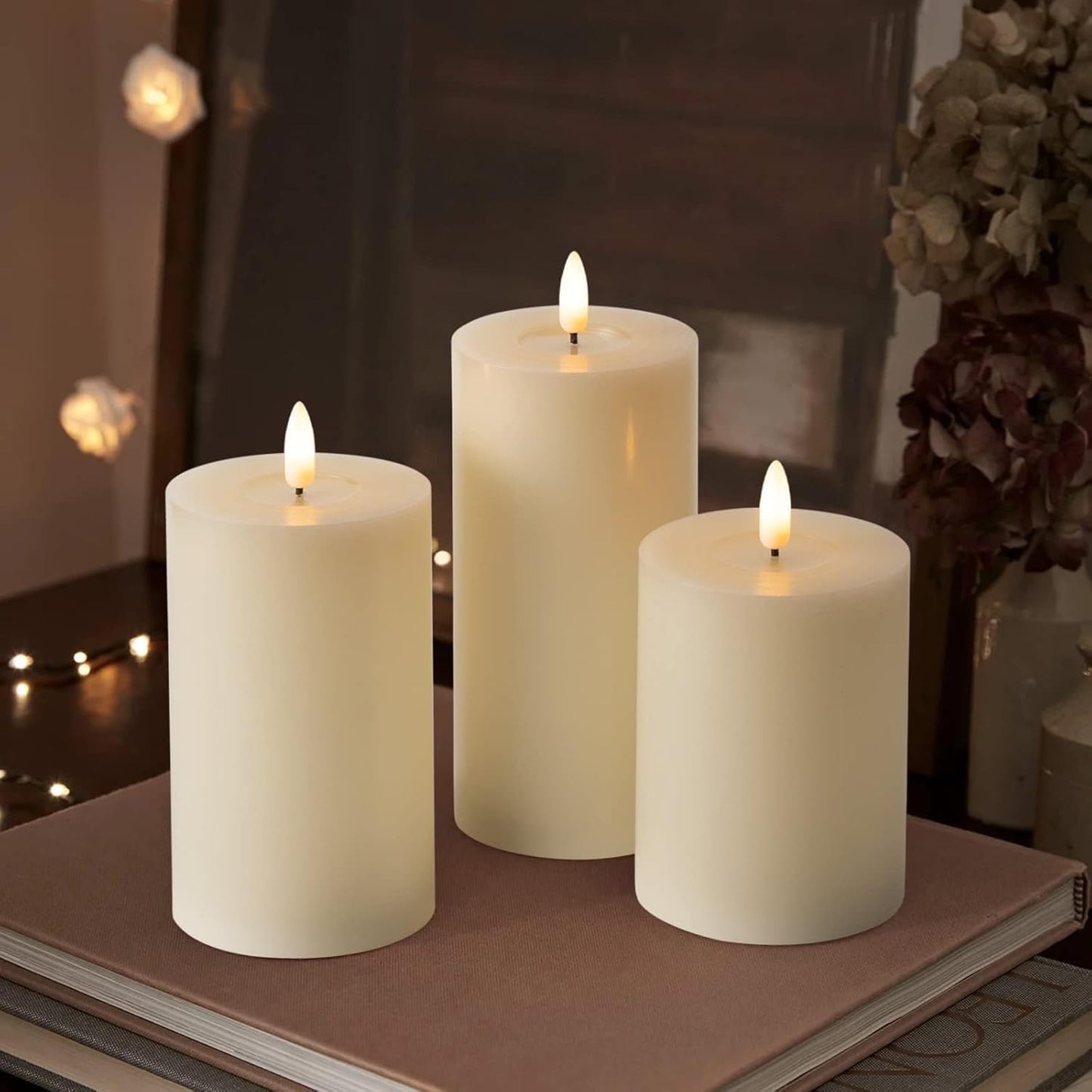 ANGELLOONG Flickering Flameless Candles, Realistic Battery Operated Candles with Remote and Timer, Set of 3 LED Candles for Room Fall Home Wedding Decor Centerpieces Table Party Valentines Decorations