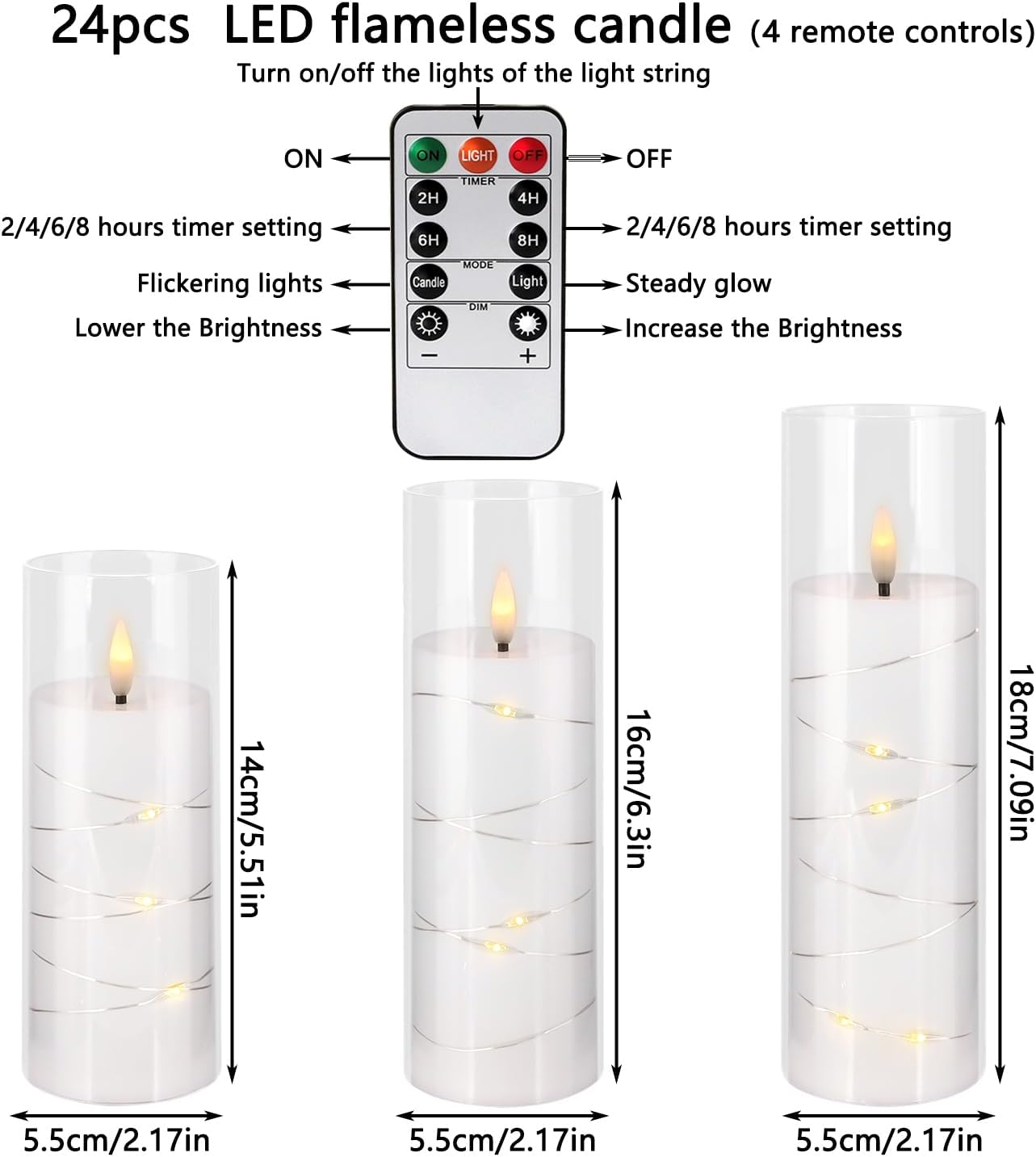 YOROXRG Set of 24 Waterproof Outdoor Flameless Candles, LED Candles with 4 Remote and Timer,(H 4" 5" 6" x D 2.2"),for Christmas,Halloween,Wedding,Festival
