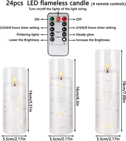 YOROXRG Set of 24 Waterproof Outdoor Flameless Candles, LED Candles with 4 Remote and Timer,(H 4" 5" 6" x D 2.2"),for Christmas,Halloween,Wedding,Festival