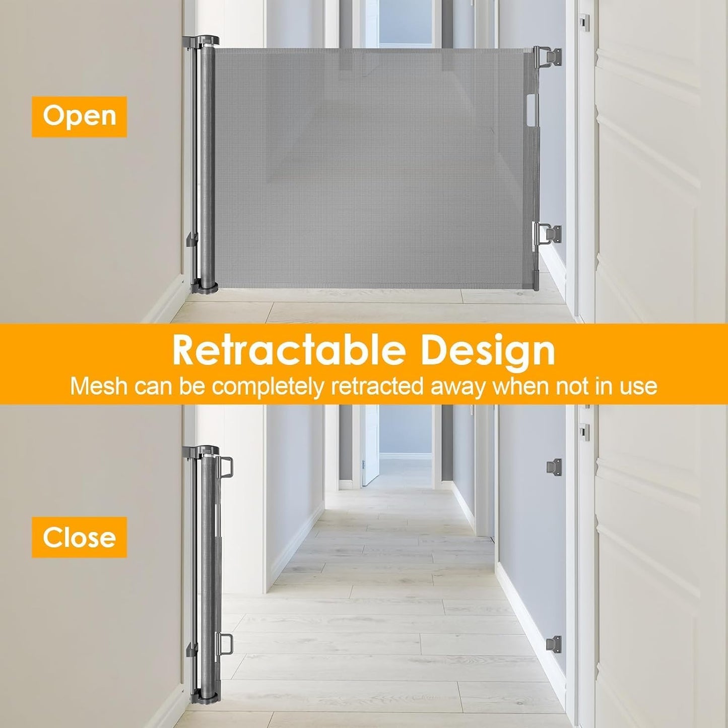 33” Tall X 50” Wide Retractable Baby Gates for Doorways One-Hand Easy Operation Retractable Dog Gate Outdoor Scratch-Resistance Mesh Pet Gate Indoor 4.17Ft Long Doggy Gates for Inside Dog Fence, Brown