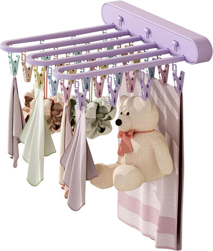 Clothes Drying Rack Wall Mounted, Clothes Drying Rack Folding Indoor with Clip, Balcony Drying Rack Dryer, Space Saver for Socks, Underwear, Rags, Towels