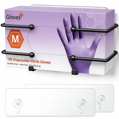 Adhesive Glove Box Holder Wall Mount, Metal Disposable Gloves Dispenser for Latex & Nitrile Boxes, No-Drill Tissue & Wipes Organizer for Kitchen, Lab, Bathroom, White