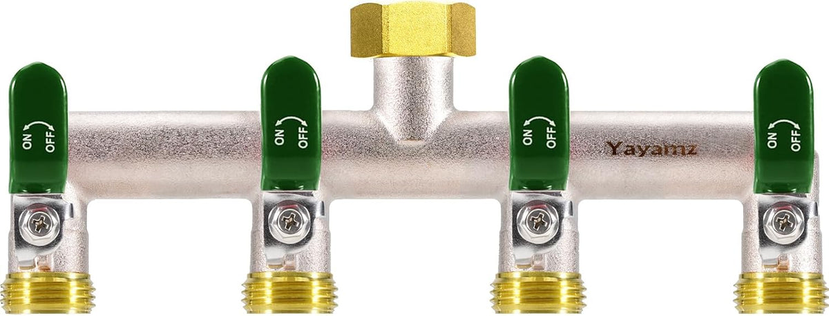Garden Hose Splitter, 3/4” Rust and Freeze Resistant Outdoor Hose Manifold with 2 green Extra Long Handles Faucet Adapter-Heavy Duty Brass Nickel Plated 2-Way Valve