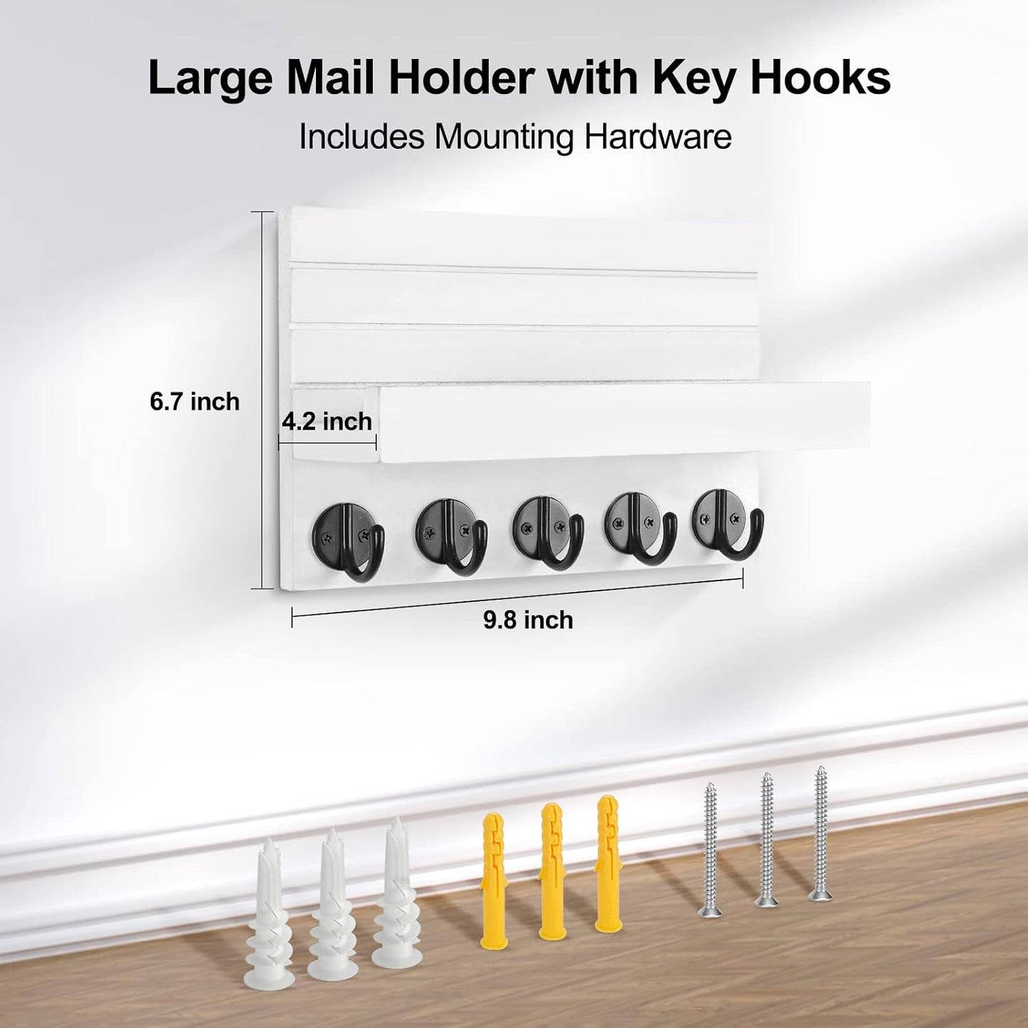 Lwenki Key Holder for Wall, Decorative Key and Mail Holder with Shelf Has Large Key Hooks for Bags, Coats – Paulownia Wood Key Hanger with Mounting Hardware (9.8”W x 6.7”H x 4.2”D) (Brown)