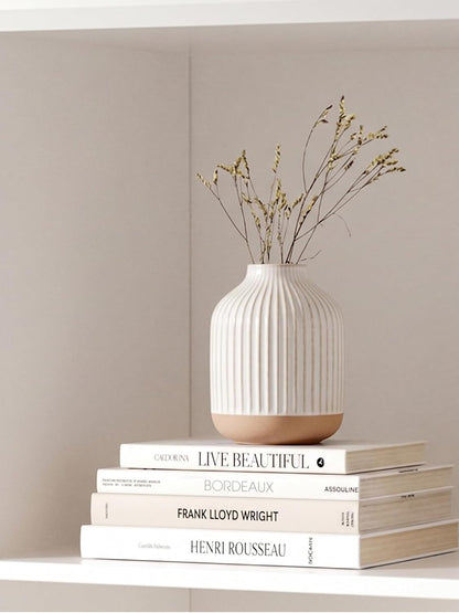 Small Boho Vase for Decor,Rustic Farmhouse Vase for Pampas Grass,Eucalyptus Set and Tiny Stem Flowers,Ceramic for Centerpieces, 5.3 Inch,Wave-Arctic White