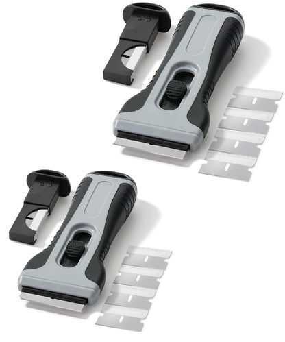 Bates- Razor Blade Scraper Tool, 2 Pack, Gray, 30 Extra Carbon Steel Blades, Anti-Slip Ergonomic Handle Design, Razor Scraper with Buid-In Blade Storage for Cleaning Window, Paint, Oven, Glass Stove