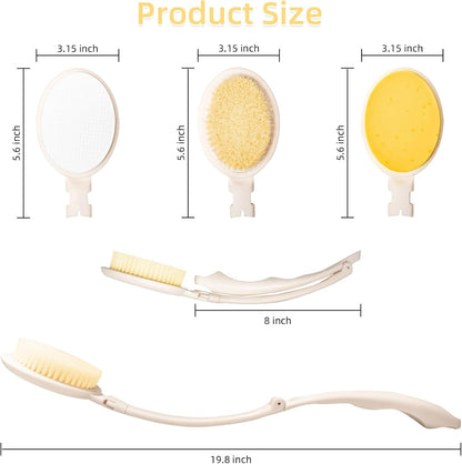LFJ 19" Long Handle Shower Sponge Brush Set, 3 in 1 Body Brush, Bath Sponge and Lotion Applicator Improved Skin Health, Suitable for Men and Women (White Brush-1P)