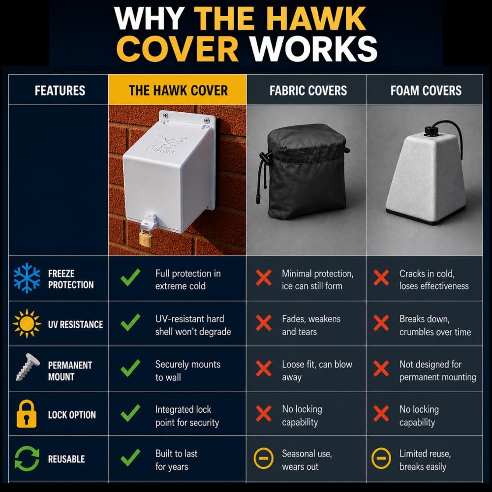 The Hawk Permanent Faucet Cover - All-Season Hard Shell, Foam Rubber Insulated Spigot Protector for Any Building Material, Fits Standard 1/2 & 3/4-Inch Hose Bibs, Includes Mounting Hardware