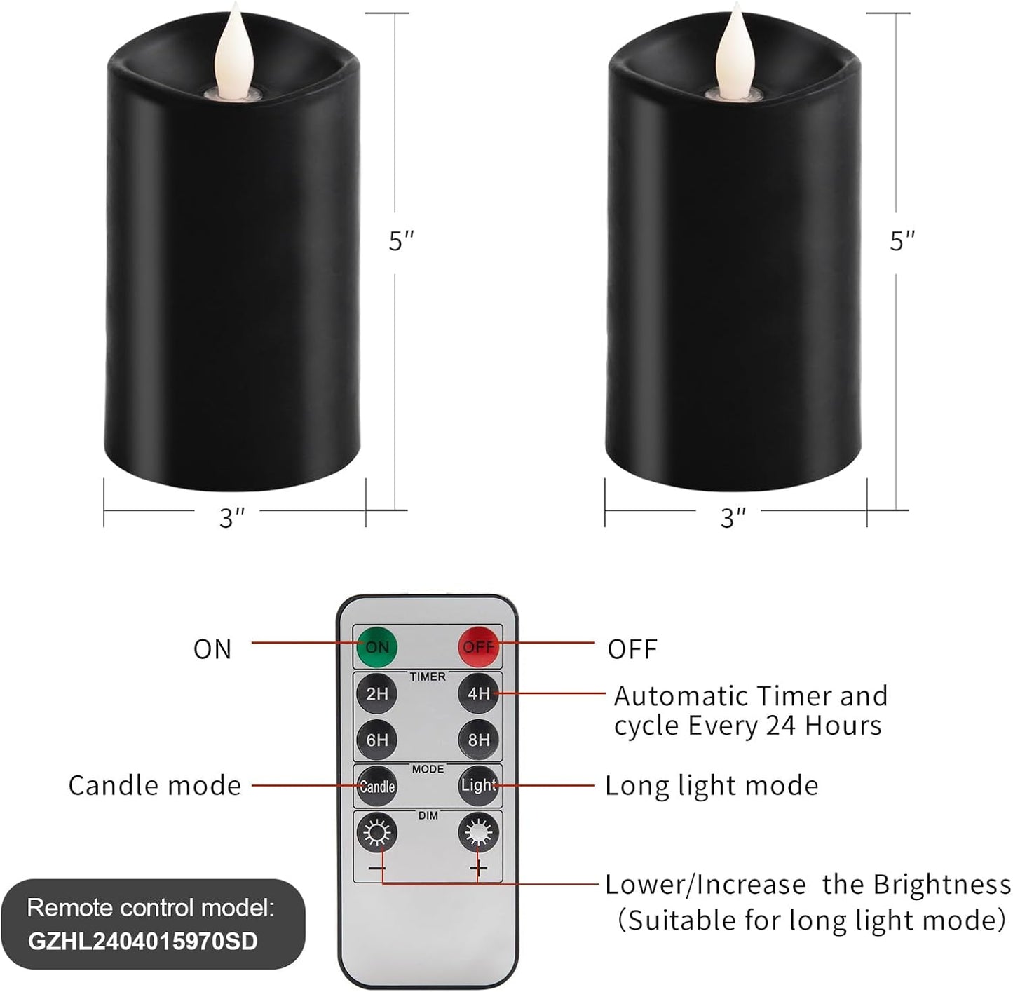 3x3 Flickering Flameless Candles Set of 2, 2AA Battery Life 600 Hours Battery Candles Flickering with Timer,3 inch Flameless Candles with Remote for Indoor/Outdoor, Ivory