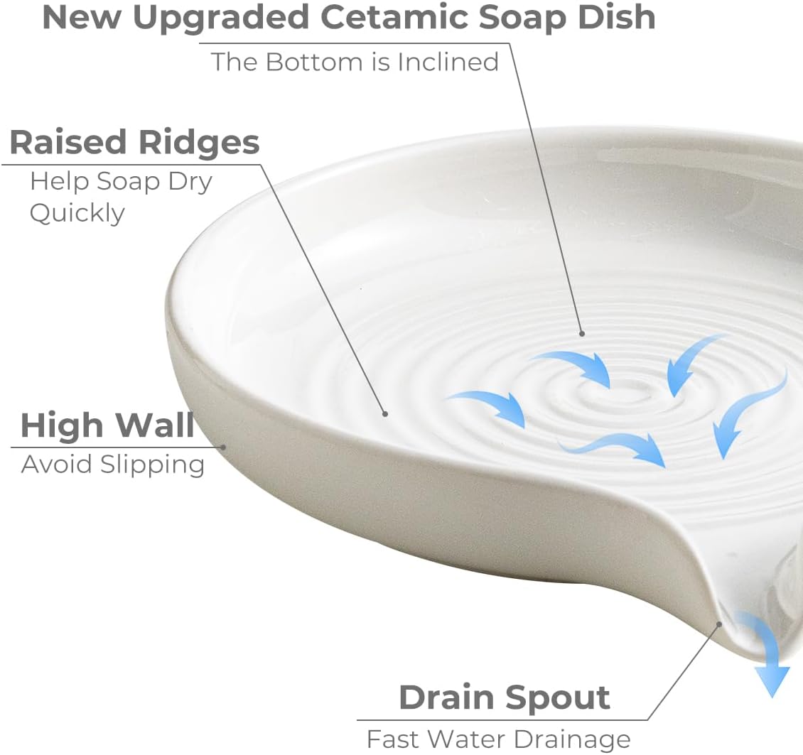 Self Draining Soap Dish, Ceramic Drain Soap Holder Waterfall Design Soap Saver for Shower, Bathroom, Sink, Kitchen and Countertop, Keeps Dry, Green