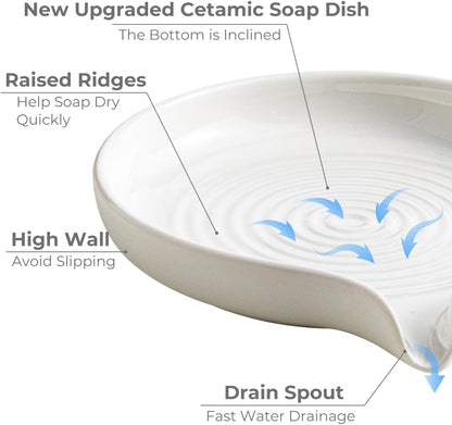 Self Draining Soap Dish, Ceramic Drain Soap Holder Waterfall Design Soap Saver for Shower, Bathroom, Sink, Kitchen and Countertop, Keeps Dry, Green