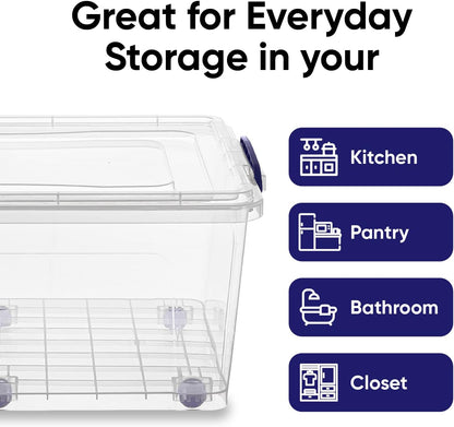 Superio Under Bed Storage Containers with Wheels (2 Pack), Flat Clear Storage Bin Stackable Large Storage Latch Box with Lids Store Cloths, Bedding, Linen, For Under The Bed, Garage, Home