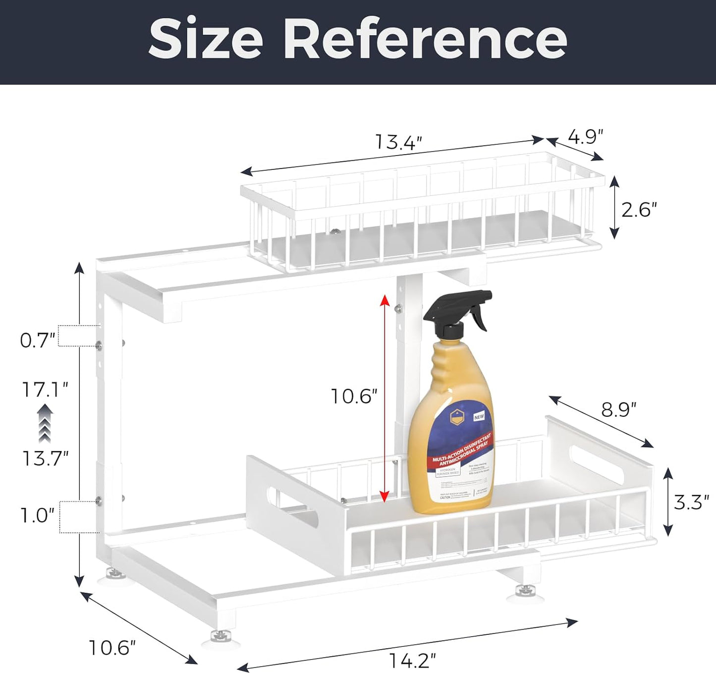 Saydear L-Shaped Under Sink Organizer, 2-Tier Pull-out Cabinet Rack 1-Pack | Black Height-Adjustable Metal Rack, Sliding Grid Drawers with Safety Stopper, Holds 100 Lbs, Ideal Kitchen Cabinet Storage