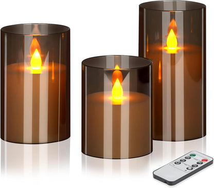 wemarry Flameless Candles 4" 5" 6" Acrylic Glass Pillars 3" Diameter Battery Operated Flickering Candles Include 8-Key Remote with Timer Function 400+ Hours (Amber, Warm Light 3 Pack)