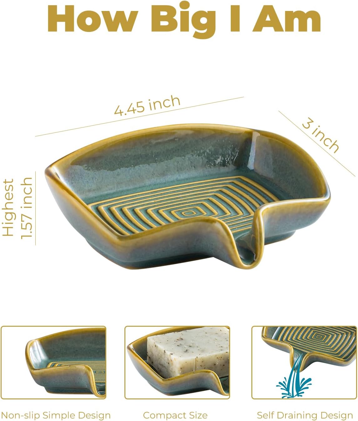 Self Draining Soap Dish, Ceramic Drain Soap Holder Waterfall Design Soap Saver for Shower, Bathroom, Sink, Kitchen and Countertop, Keeps Dry, Green