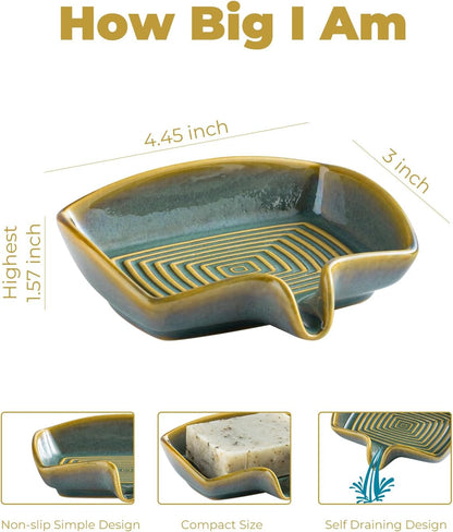 Self Draining Soap Dish, Ceramic Drain Soap Holder Waterfall Design Soap Saver for Shower, Bathroom, Sink, Kitchen and Countertop, Keeps Dry, Green