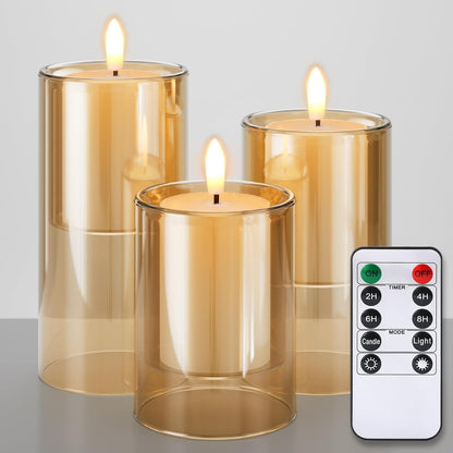 NURADA Flameless Candles with Remote Timer - Glass Real Wax 3D Wick LED Pillar Votive Candle Set Battery Operated Flickering Light for Home Christmas Decoration - White 3 Pack