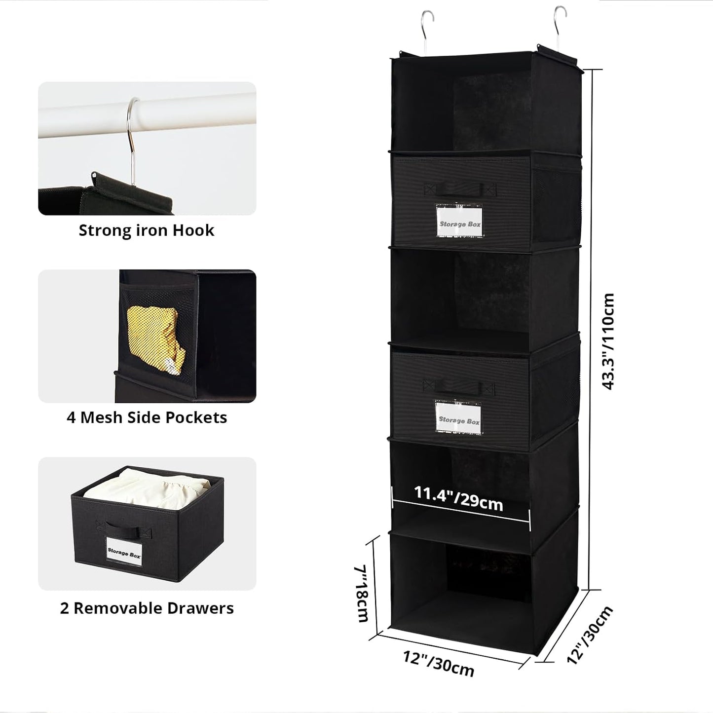 BrilliantJo 2 Pack Hanging Closet Organizer, 5 Shelves Hanging Storage with 6 Side Pockets for Clothes Shoes, 43"x12"x12"(Black)