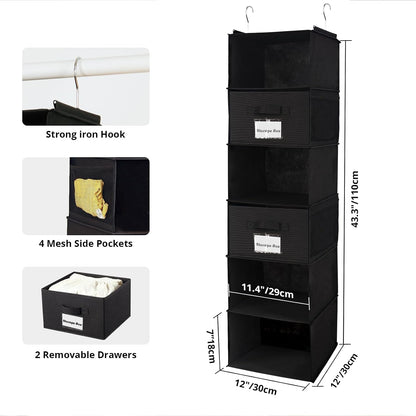 BrilliantJo 2 Pack Hanging Closet Organizer, 5 Shelves Hanging Storage with 6 Side Pockets for Clothes Shoes, 43"x12"x12"(Black)