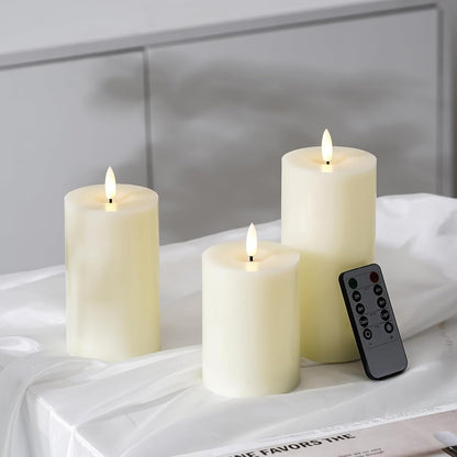 Stmarry White Flameless Candles with Remote and Timer, Real Wax Made LED Pillar Candles Battery Operated with 3D Flickering Flame - 3" x 4",5",6" - Set of 3