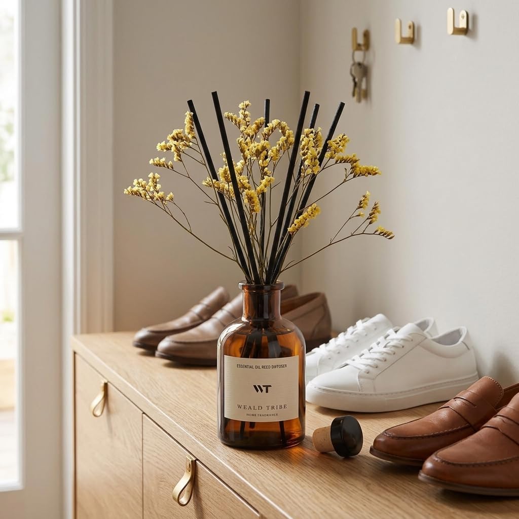 WEALD TRIBE Flower Reed Diffuser Set Eucalyptus & Lavender Scent For Bathroom Accessories Shelf Decor & Air Fresheners, Sticks Defusers With 4.0 fl oz Essential Oils, House Bedroom Office Decor & Gift