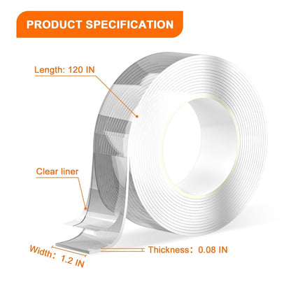 Heavy Duty Double Sided Nano Tape, 120" Removable & Resuable No Residue Nano Tape for Picture Hanging, Indoor Decor, Mirrors & Home Organization, Room Decoration