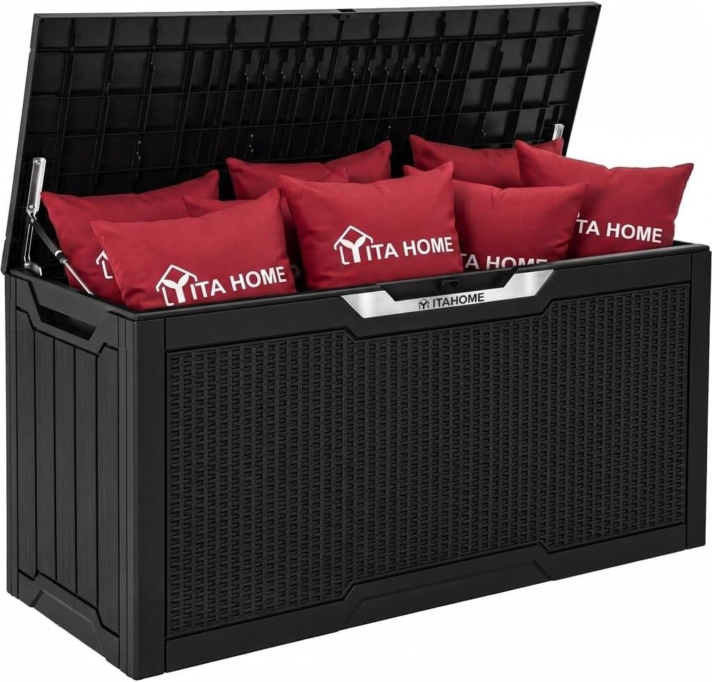 YITAHOME 100 Gallon Large Outdoor Deck Box | Waterproof Resin Storage Box, Lockable Indoor Outdoor Storage Container for Patio Furniture Cushions, Pool Accessories
