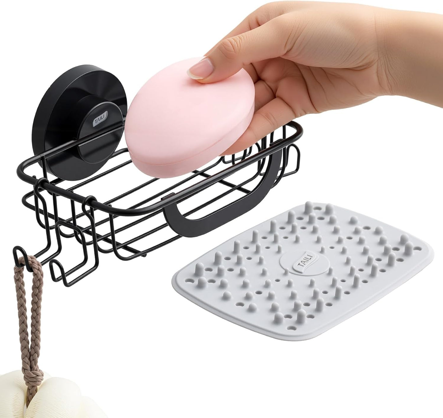 TAILI Soap Holder for Shower – Suction Cup Bar Soap Dish with Hooks, Rustproof Stainless Steel, Self-Draining Sponge Holder with Razor Holder for Bathroom & Kitchen, Black