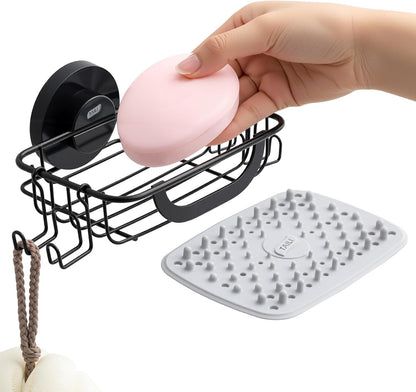 TAILI Soap Holder for Shower – Suction Cup Bar Soap Dish with Hooks, Rustproof Stainless Steel, Self-Draining Sponge Holder with Razor Holder for Bathroom & Kitchen, Black