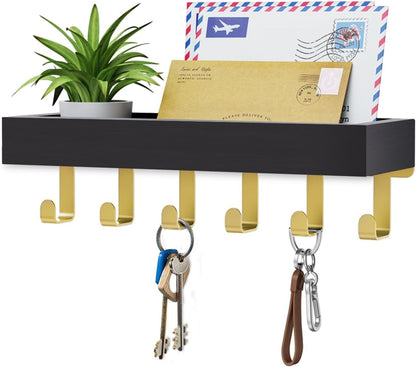 Key Holder Wall Mount Adhesive Magnetic - Hanging Key Hooks with Mail Organizer for Wallet House Accessories - Keys Hanger Rack with Shelf for RV Camper Entryway Door Home Living Room Decor Black