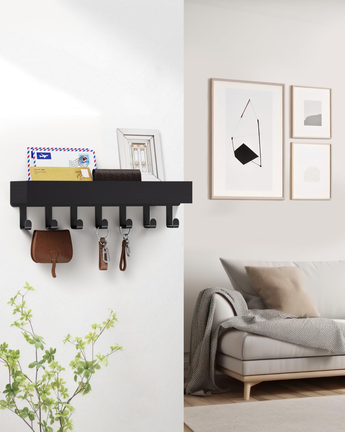 Key Holder Wall Mount Adhesive Magnetic - Hanging Key Hooks with Mail Organizer for Wallet House Accessories - Keys Hanger Rack with Shelf for RV Camper Entryway Door Home Living Room Decor Black