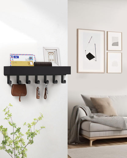 Key Holder Wall Mount Adhesive Magnetic - Hanging Key Hooks with Mail Organizer for Wallet House Accessories - Keys Hanger Rack with Shelf for RV Camper Entryway Door Home Living Room Decor Black