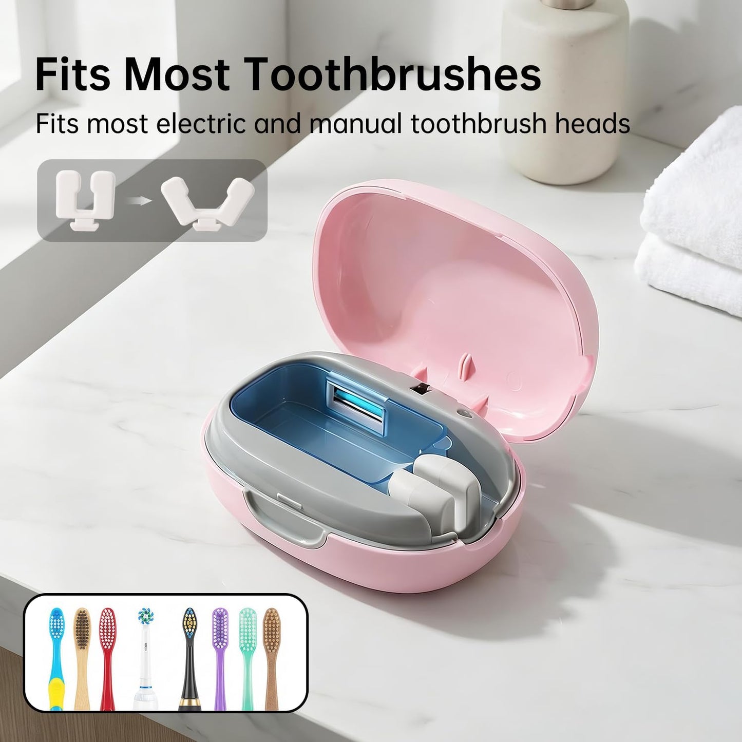 UV-C Toothbrush Sanitizer Case, Dual Light Cleaner Cover with Clear Window, USB-C Rechargeable Travel Holder for Electric and Manual Brushes, White