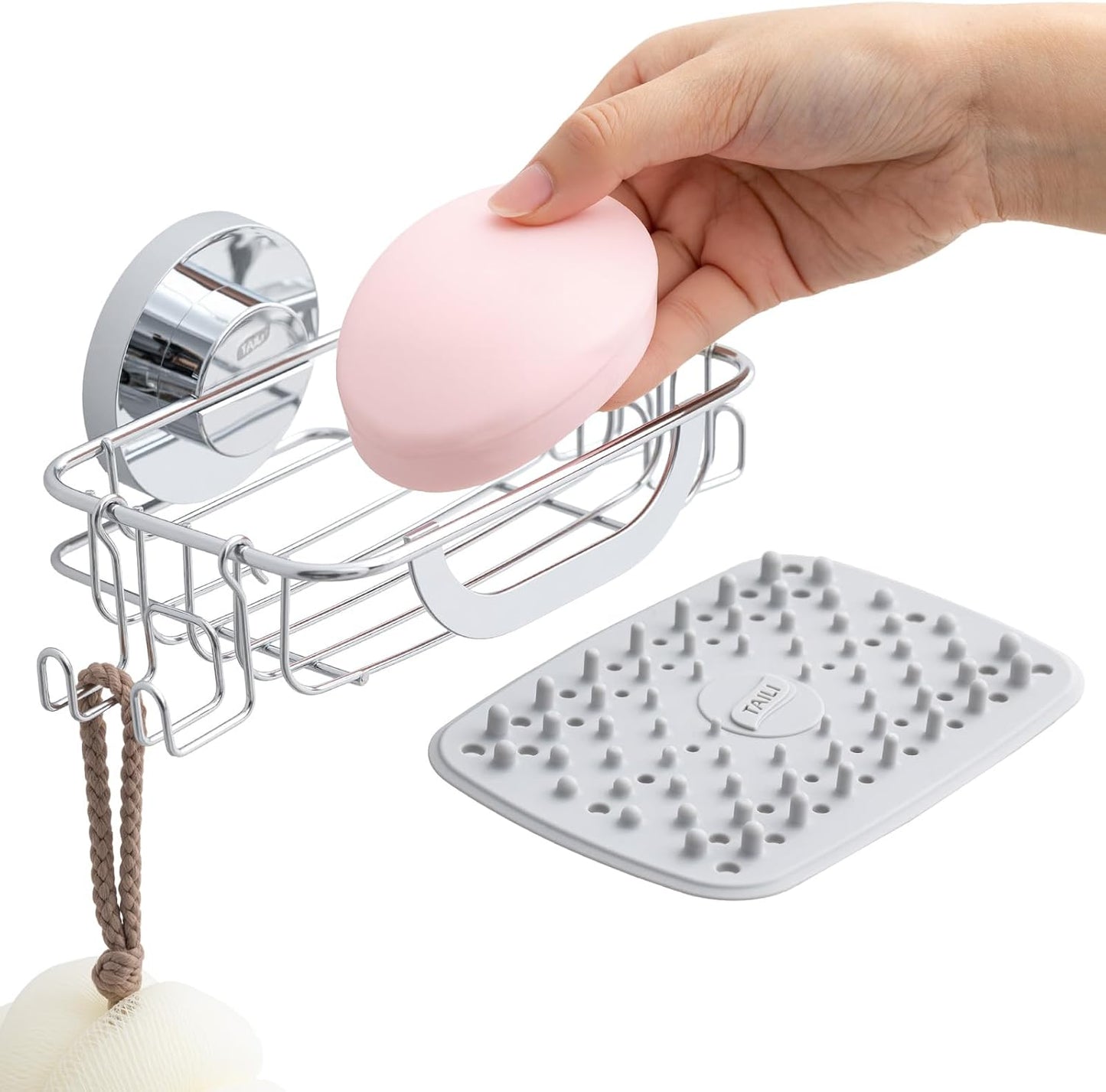 TAILI Soap Holder for Shower – Suction Cup Bar Soap Dish with Hooks, Rustproof Stainless Steel, Self-Draining Sponge Holder with Razor Holder for Bathroom & Kitchen, Black