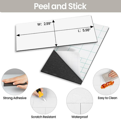 100-Pieces Peel and Stick Backsplash Waterproof PVC Shower Wall Tile | Glossy Pure White Back Splash Sel f Adhesive Stick on Subway Tiles for Walls Kitchen Bathroom