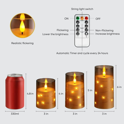 Amagic Red Flameless Candles 3 Set, Flickering Battery Operated Candles Embedded Fairy String Light, Realistic Pillar Candle with Remote Control and Timer, Acrylic, D3 x H4 5" 6"