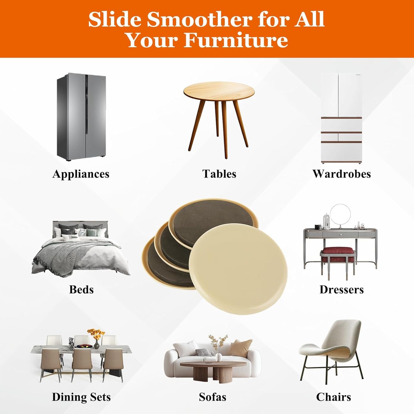 DAJAVE 16 Pack Furniture Sliders for Carpet, 5 Inch Round Furniture Movers Sliders, Heavy-Duty Furniture Sliders for Hardwood Floors, Plastic Moving Pads Heavy Furniture, Floor Protectors